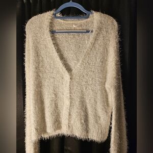 Womens LC Lauren Conrad Wispy White‎ w/Silver 3 Button Tinsel Cardigan Sweater S